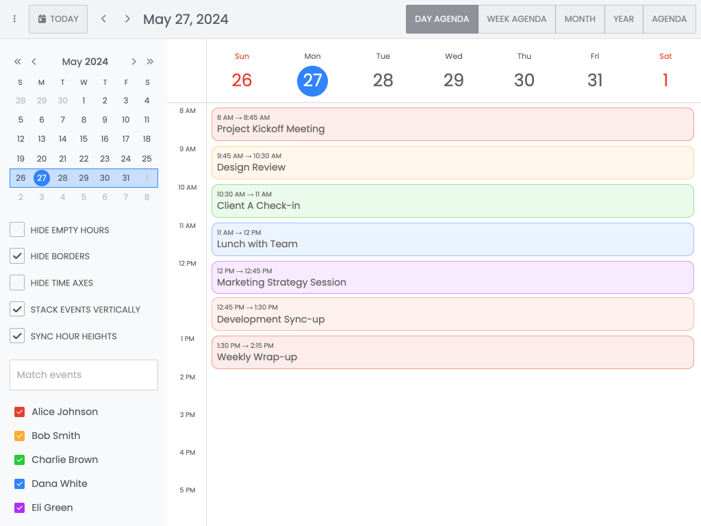 DayAgenda view demo - This example shows the serial DayAgenda view