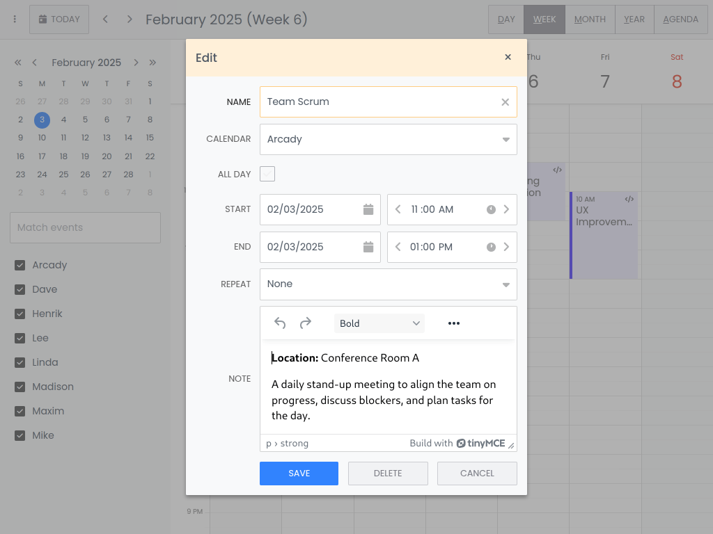 TinyMCE Editor in Event Editor - This example shows how to use TinyMCE as a field in the event editor popup.