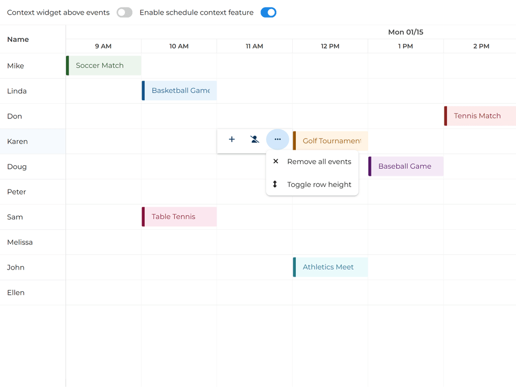 Complex schedule hover widgets
