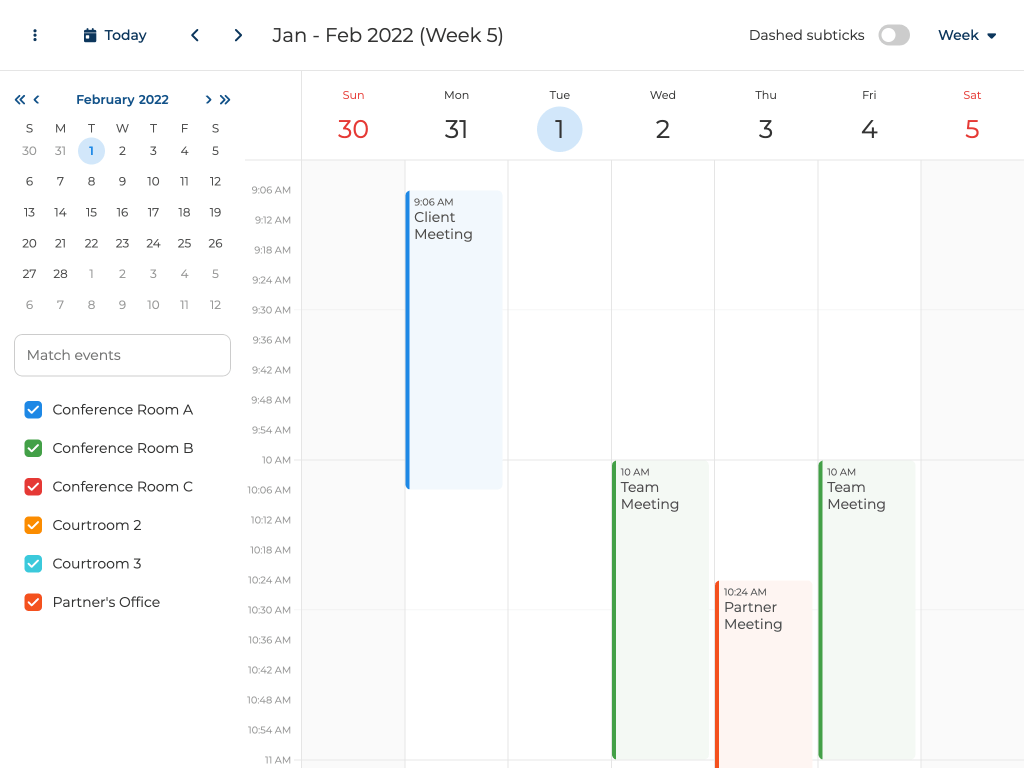 DayView time axis split into six minute ticks