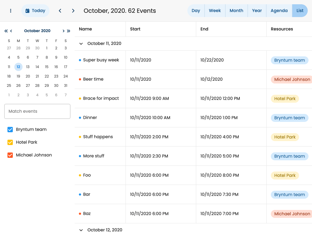 Events viewed in grid form