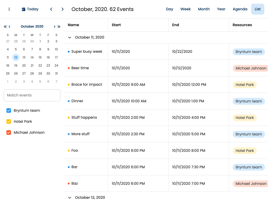 Events viewed in grid form