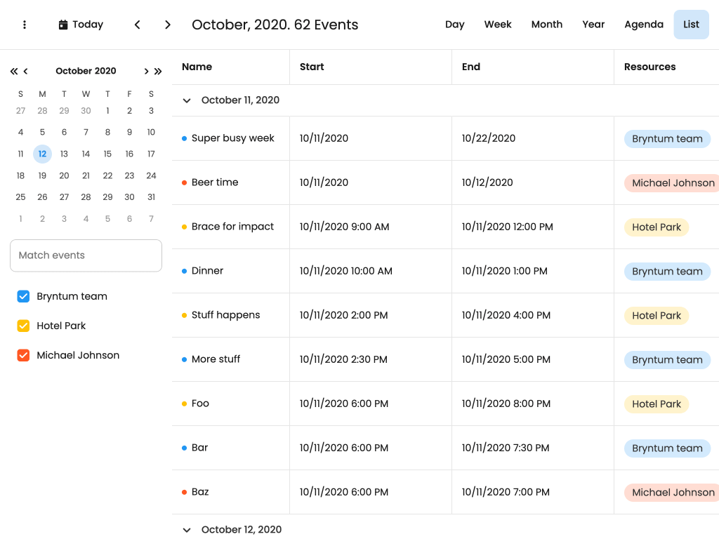 Events viewed in grid form