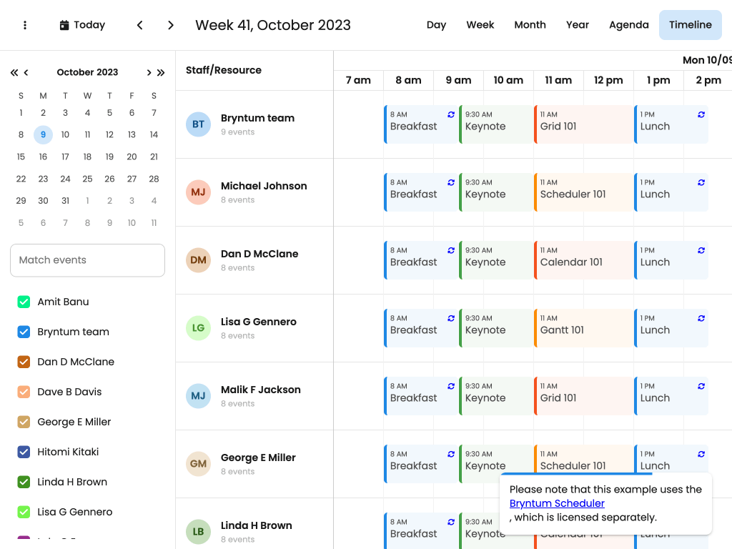 Scheduler timeline with inline data