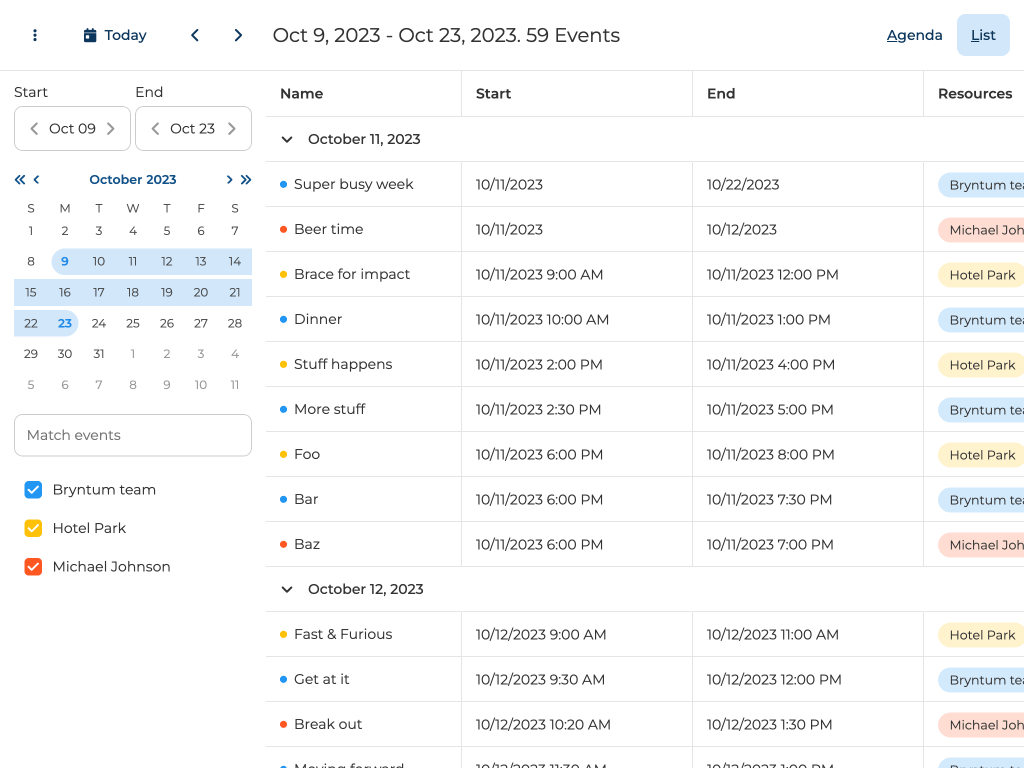 Event lists showing arbitrary date ranges