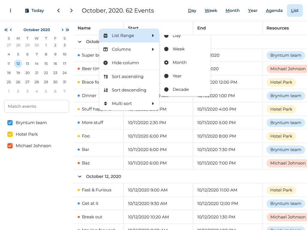 Events viewed in grid form