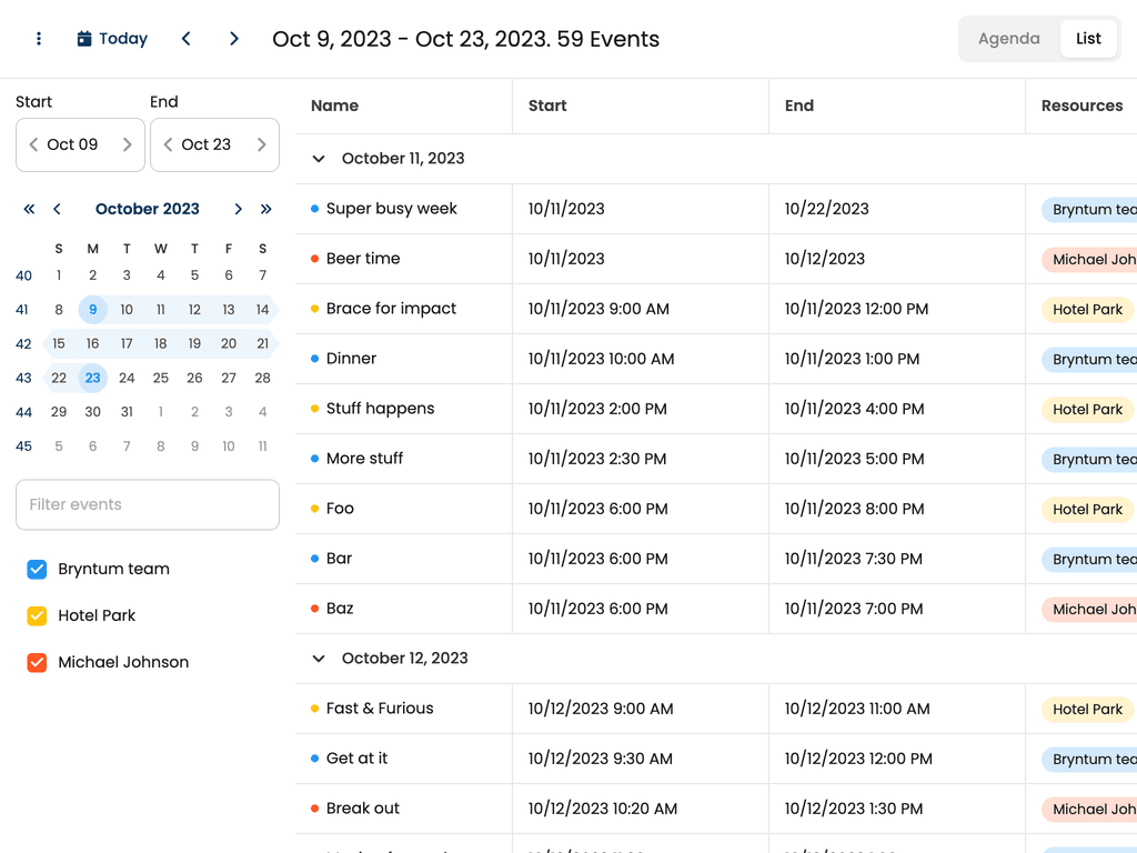 Event lists showing arbitrary date ranges