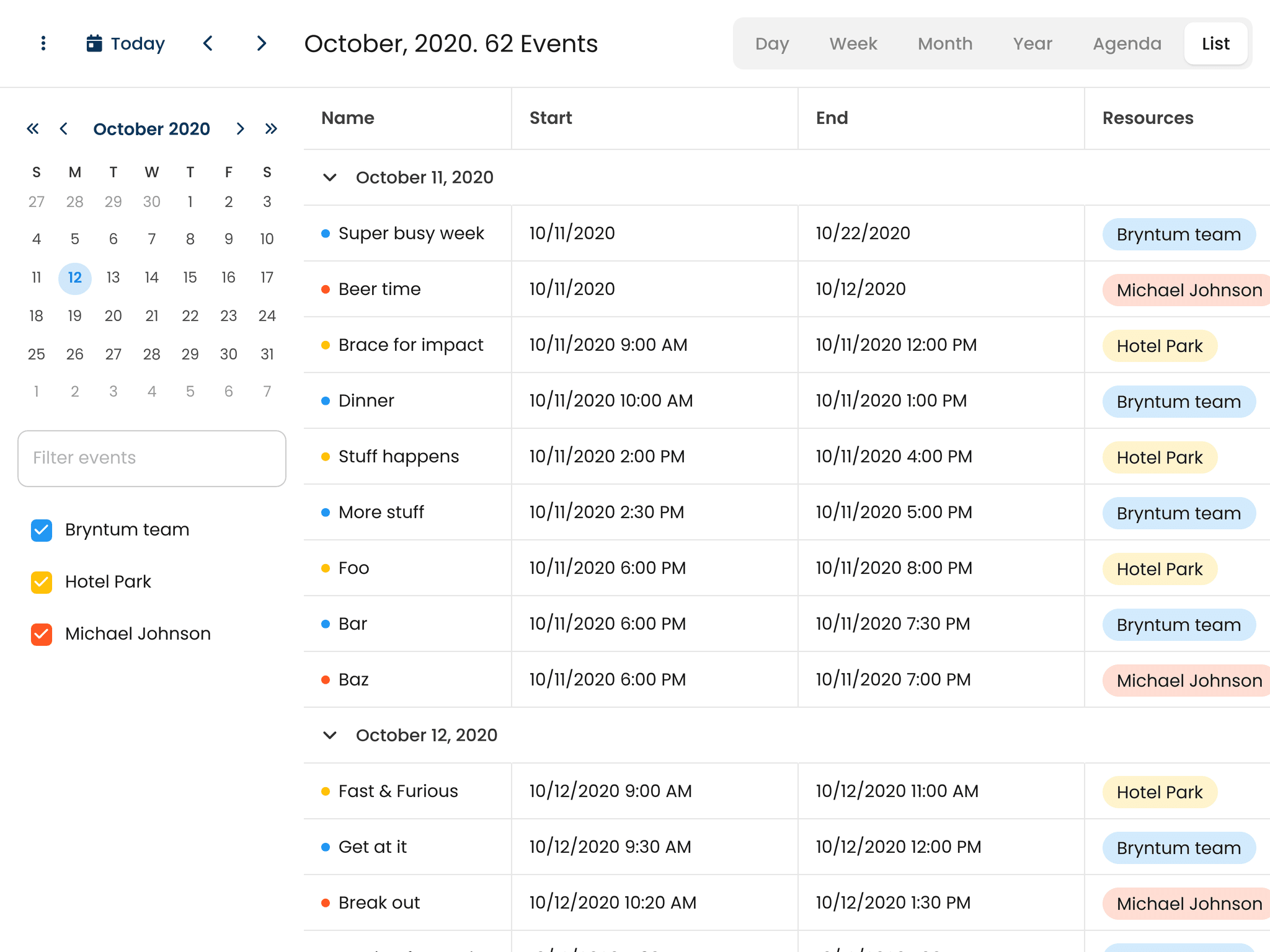 Bryntum Calendar - Events viewed in grid form demo (Angular)