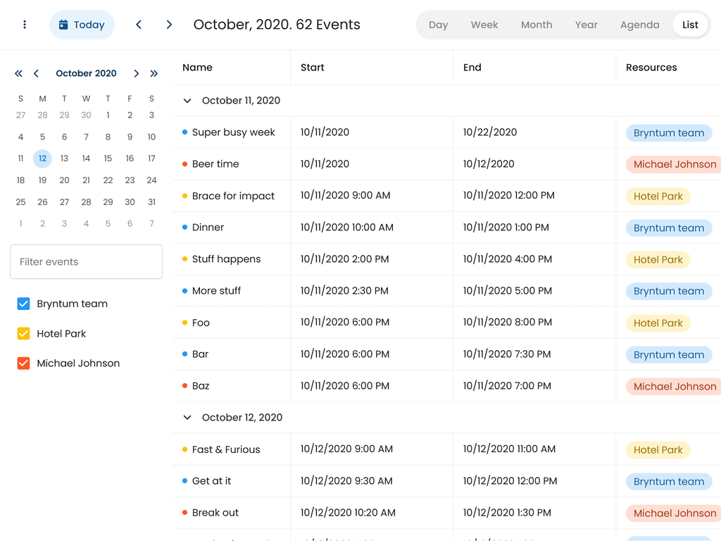 Events viewed in grid form