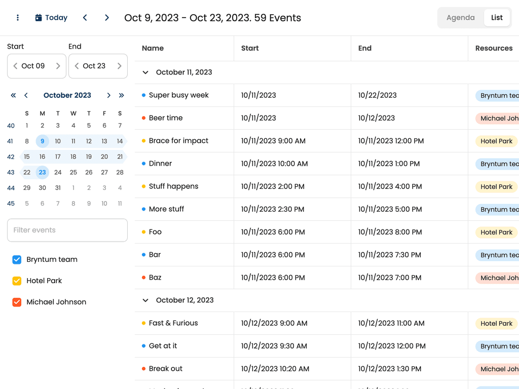 Event lists showing arbitrary date ranges