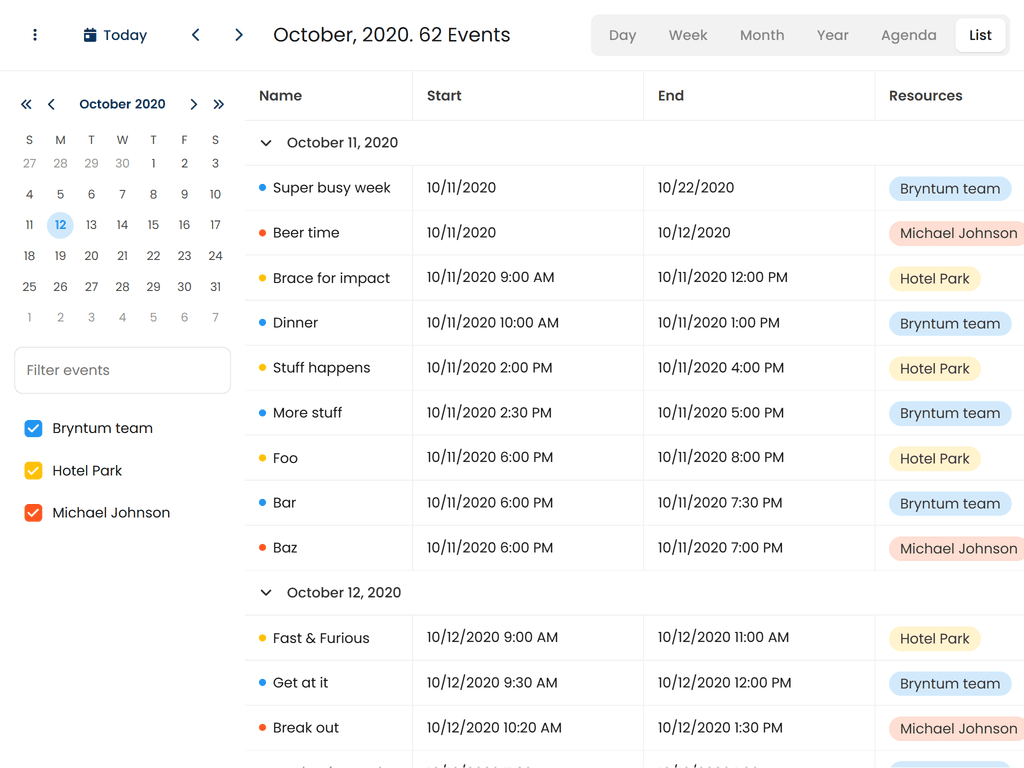 Events viewed in grid form