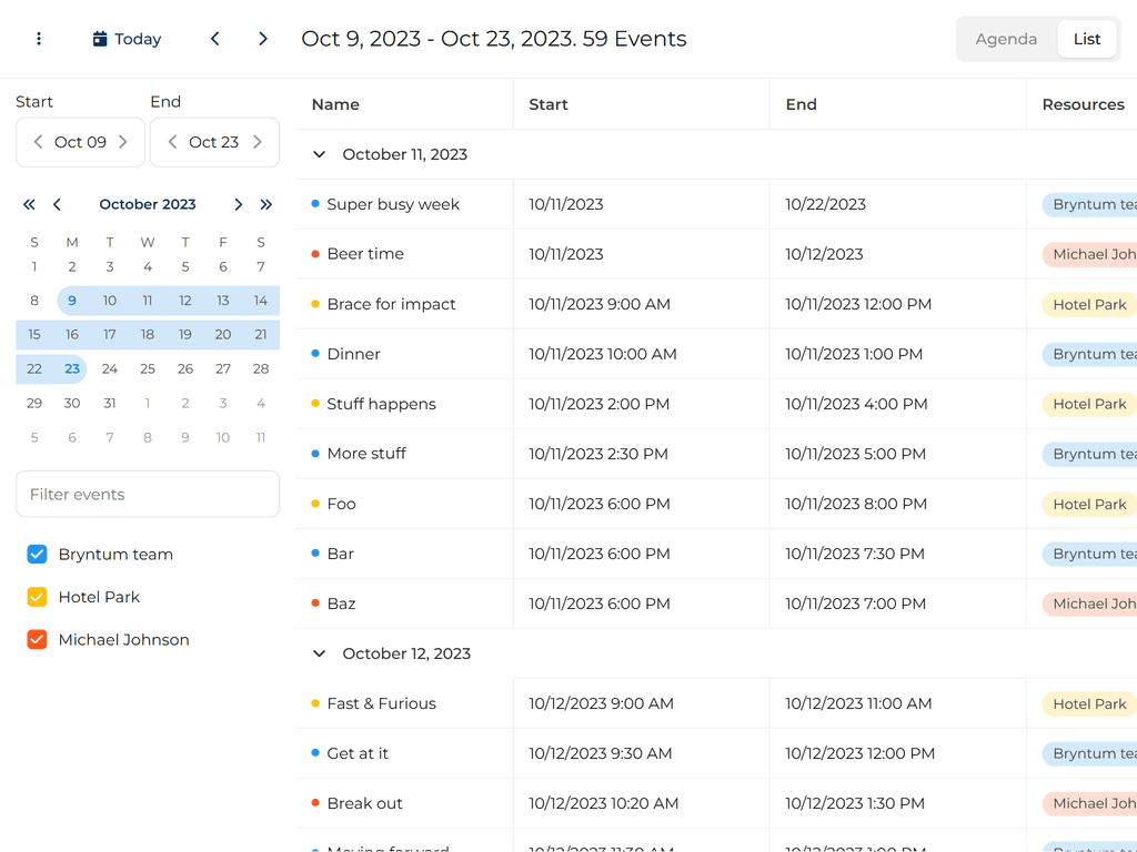 Event lists showing arbitrary date ranges