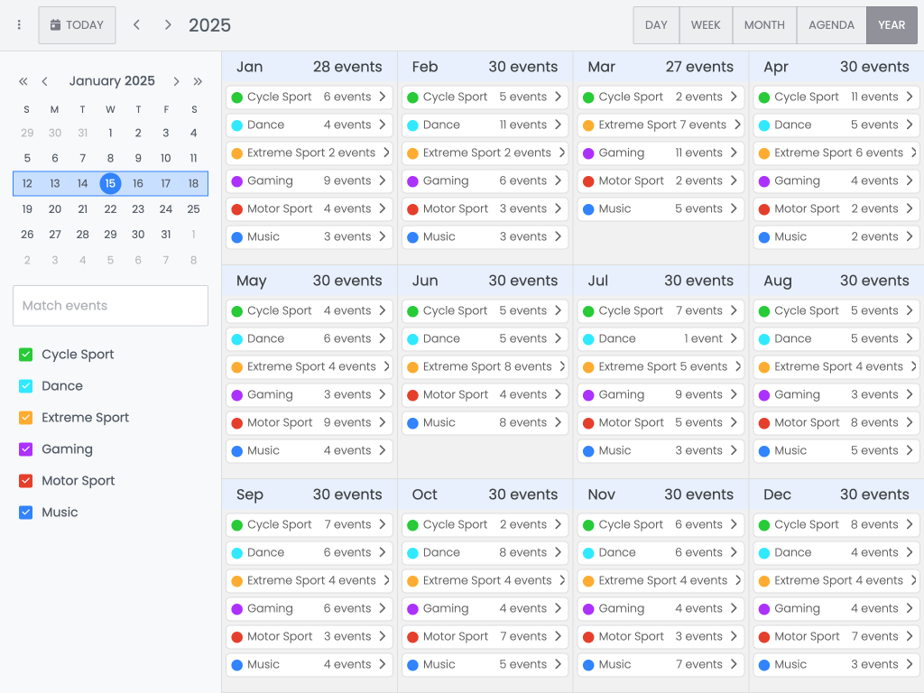 Month grid demo - This example shows the MonthGrid view of a year.