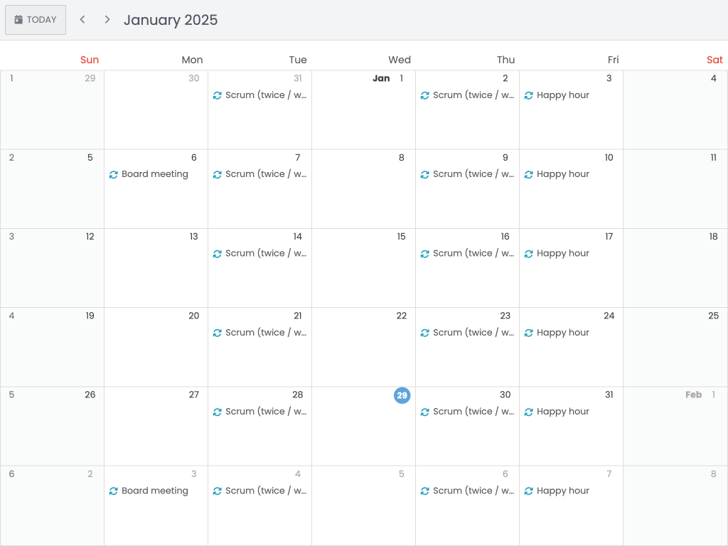 Recurring Events - This example shows recurring events and you can edit the recurrence pattern easily.