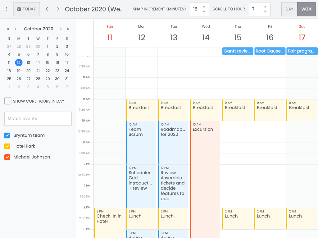 Configuring visible hours - This example shows how to define the hours to render and what hour should be scrolled to initially