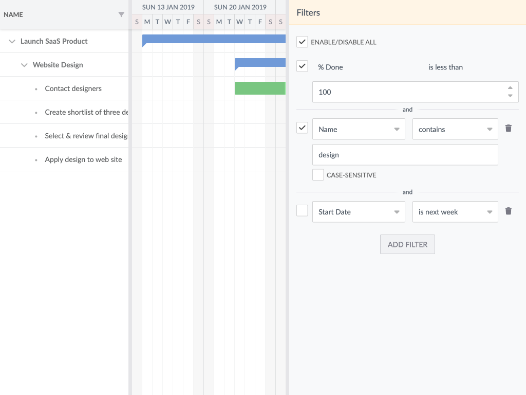 Advanced filtering demo - Shows how to use FieldFilterPickerGroup for advanced filtering of a Gantt chart, synchronized with the Gantt Filter feature.