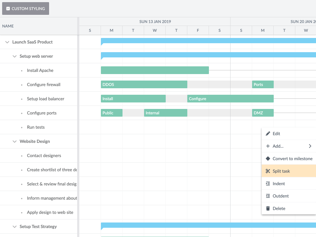 Split tasks demo - Shows the tasks split to segments that can be dragged and resized individually