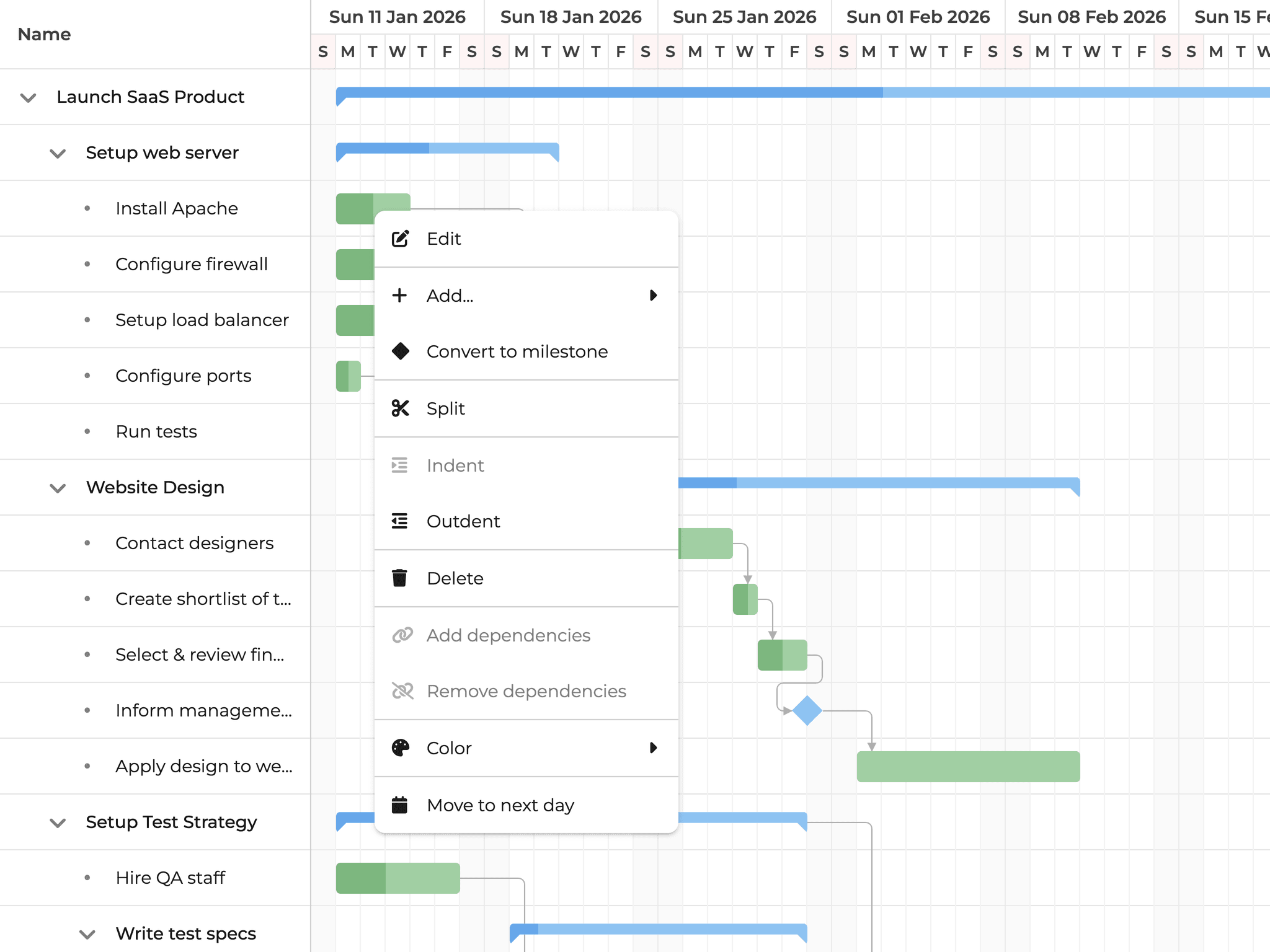 Bryntum Gantt - Task context menu demo