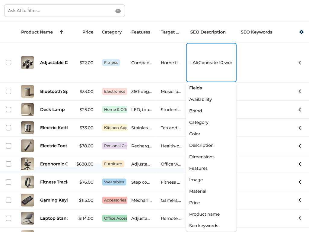 Use AI to mass generate SEO descriptions in an e-commerce data grid