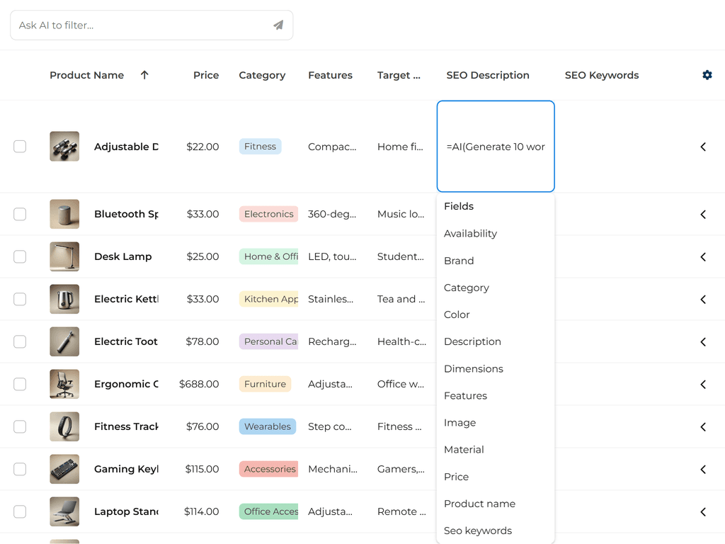 Use AI to mass generate SEO descriptions in an e-commerce data grid