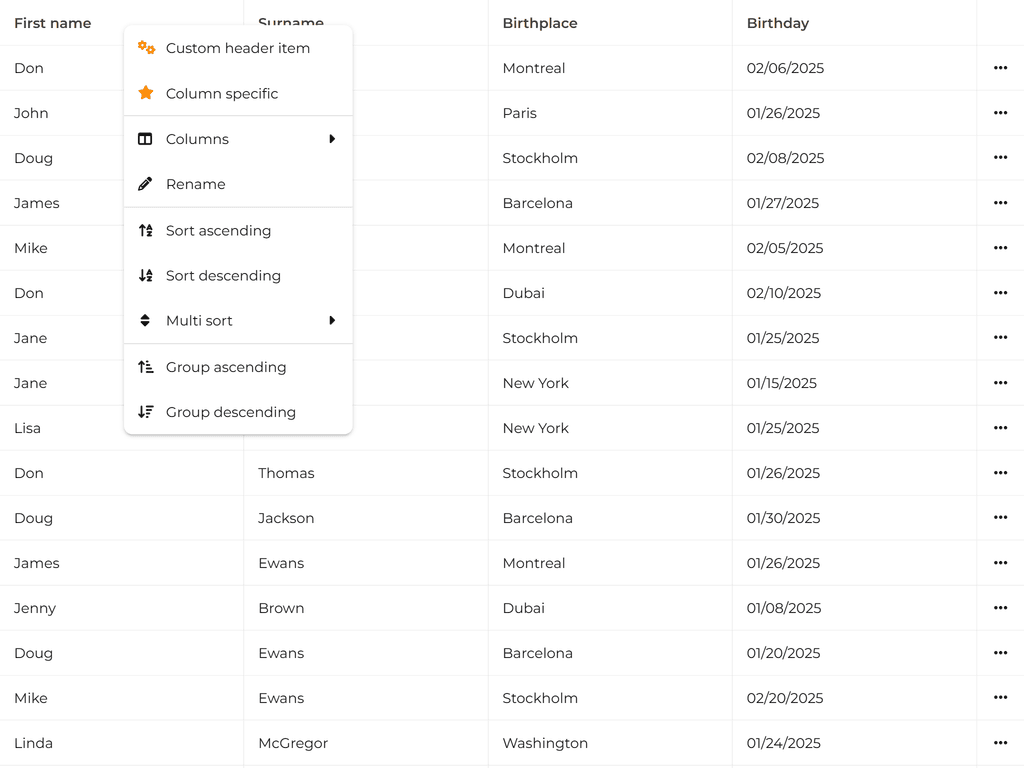 Cell and header menus