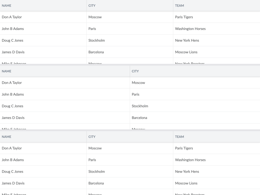 Multiple instances demo - This examples embeds three instances of the grid in a single page, each with its own data.