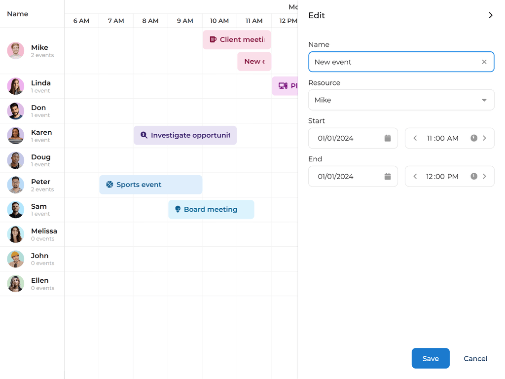 Docked event editor