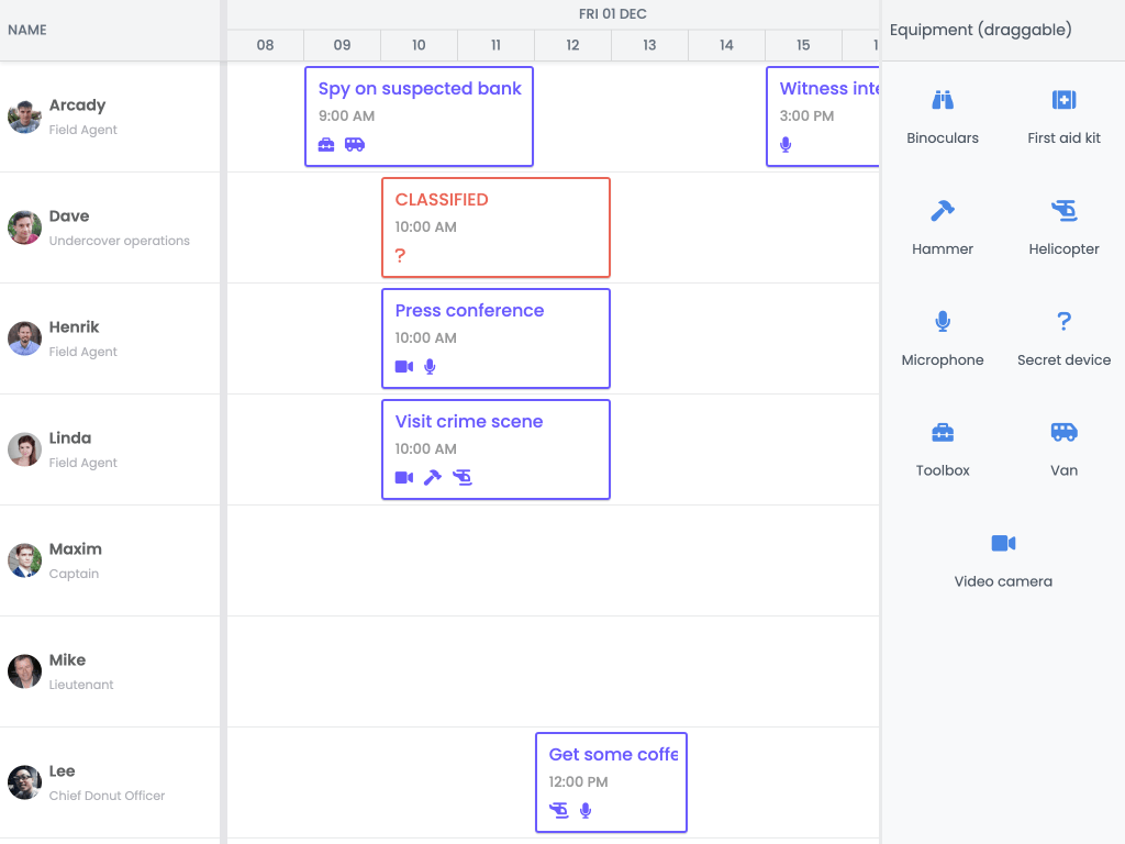 Drag equipment from a list - This example shows how to drag items from a list and drop them onto a task to update some aspect of it.