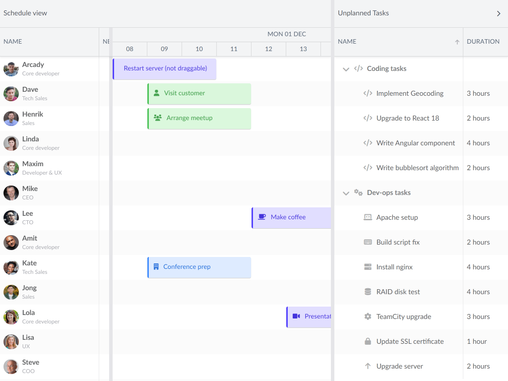 Drag from a tree grid demo - This example shows how easy it is to drag tasks from a tree grid onto the schedule.