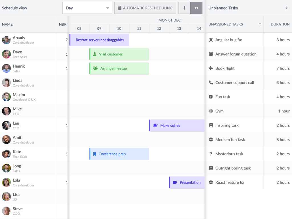 Drag from a grid demo - This example shows how easy it is to drag tasks from a separate list or grid onto the schedule.