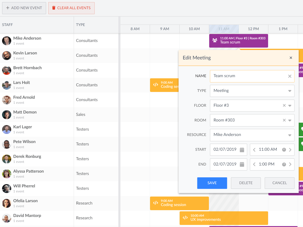 Event Editor with cascading combos demo - The Event Editor feature displays a popup where you can edit the fields for your events. The popup has two custom combo fields. The second combo item list depends on the first combo value.