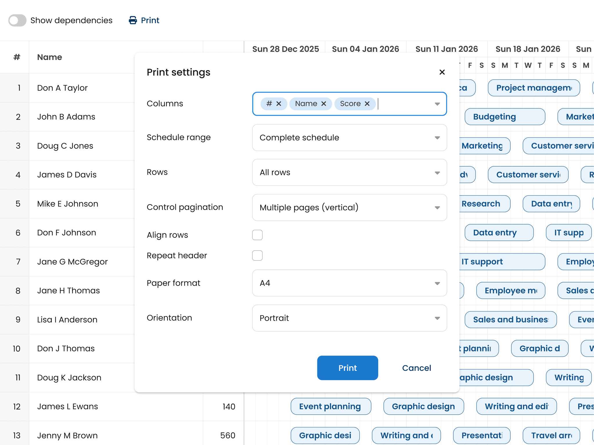 Bryntum Scheduler - Print demo with React JSX component (React + Vite)