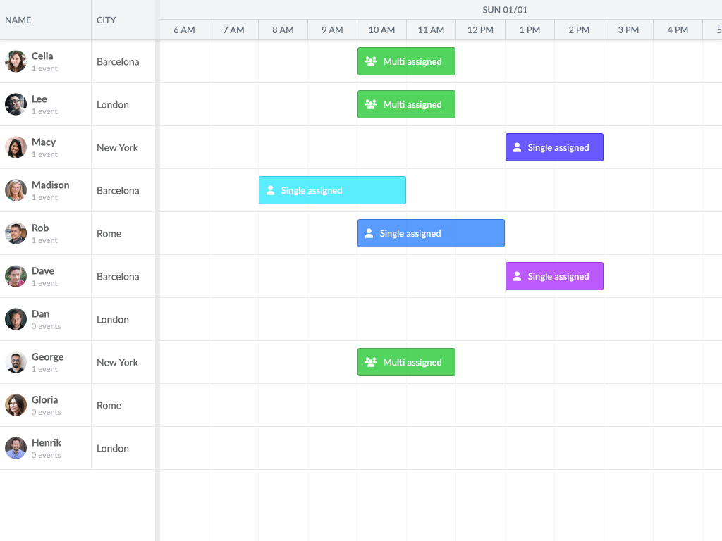 Multi assignment demo - Shows a basic scheduler using an AssignmentStore to support multi assignment