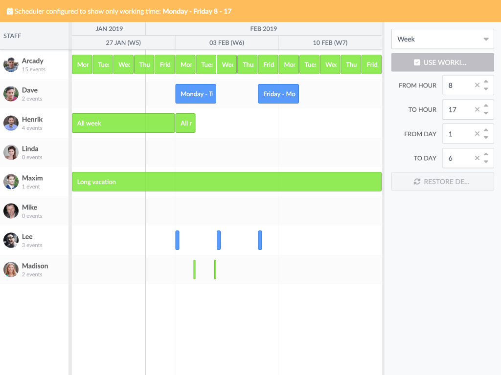 Working time demo - This demo shows how to configure Scheduler to only show working hours and working days, stretching events to fill the gaps that would otherwise be seen