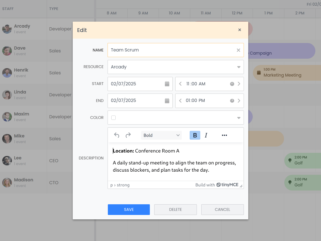 TinyMCE Editor in Event Editor - This example shows how to use TinyMCE as a field in the event editor popup.