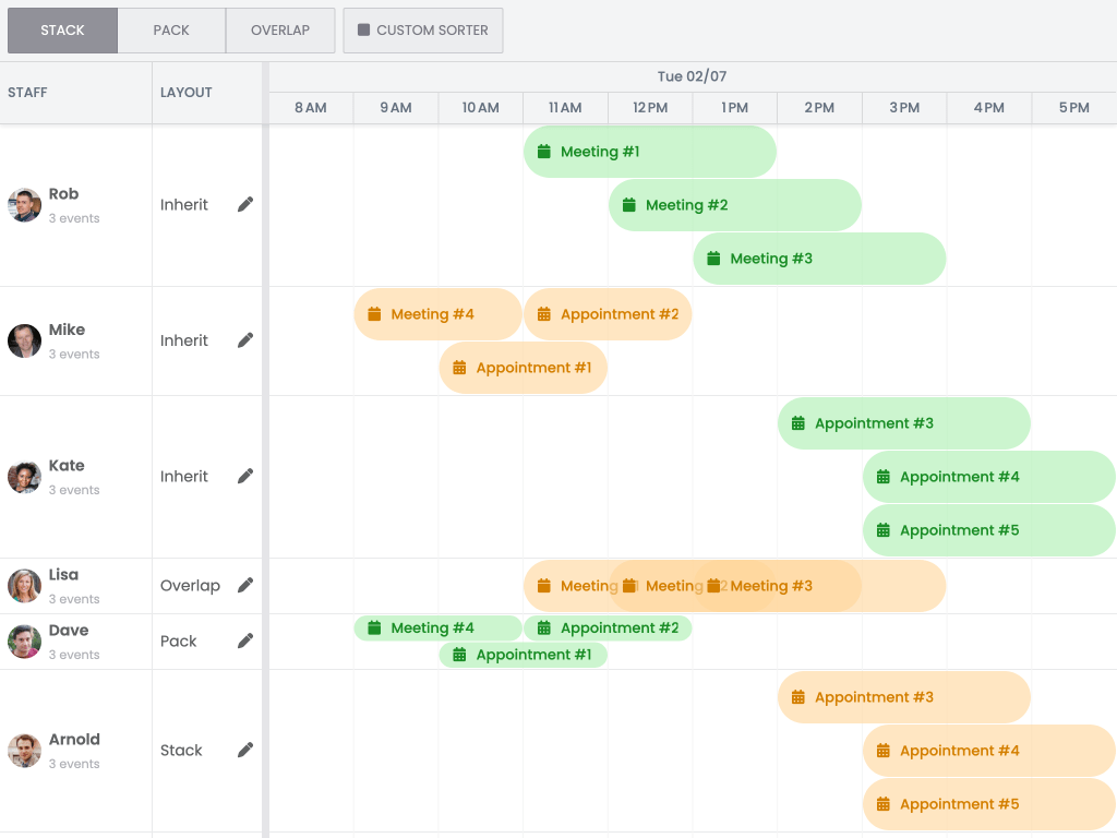 Event layouts demo - The Scheduler can layout events in 3 different ways: `stack` (the default), `pack` or `none` (overlapping). Order of overlapping events is configurable.