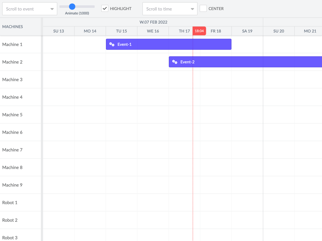 Scroll to demo - Here's an example of locating elements in the grid programmatically. You can scroll to a point in time, and you can also scroll to a certain event in the eventStore.