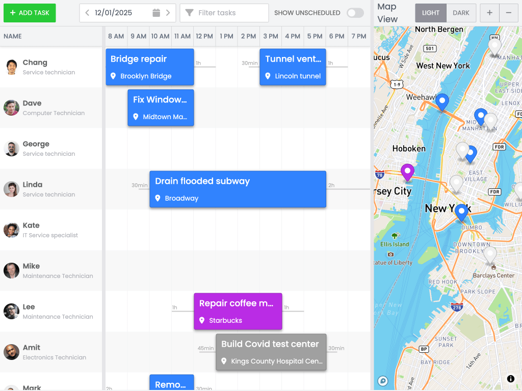 Map integration - This example shows how to integrate the Scheduler with a Mapbox GL JS API.