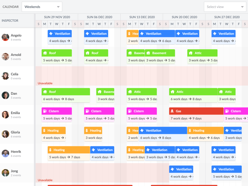 Pro Weekends demo - Shows a Scheduler Pro with a weekend calendar, visualized in the UI and respected when scheduling