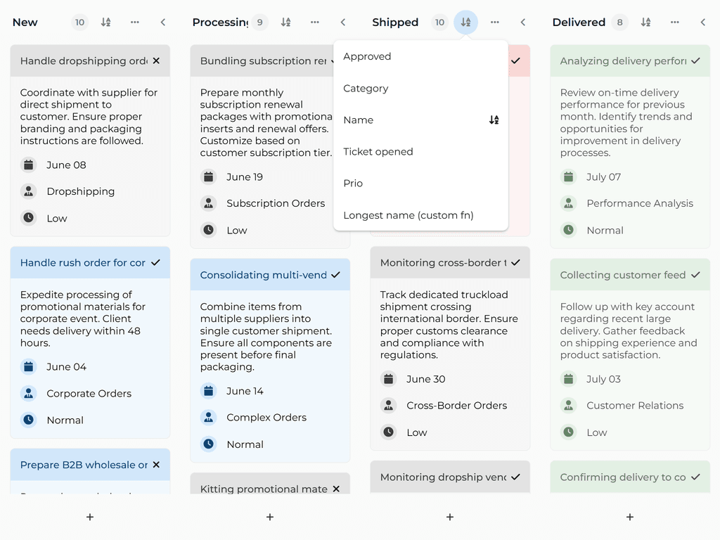 Sorting tasks per column