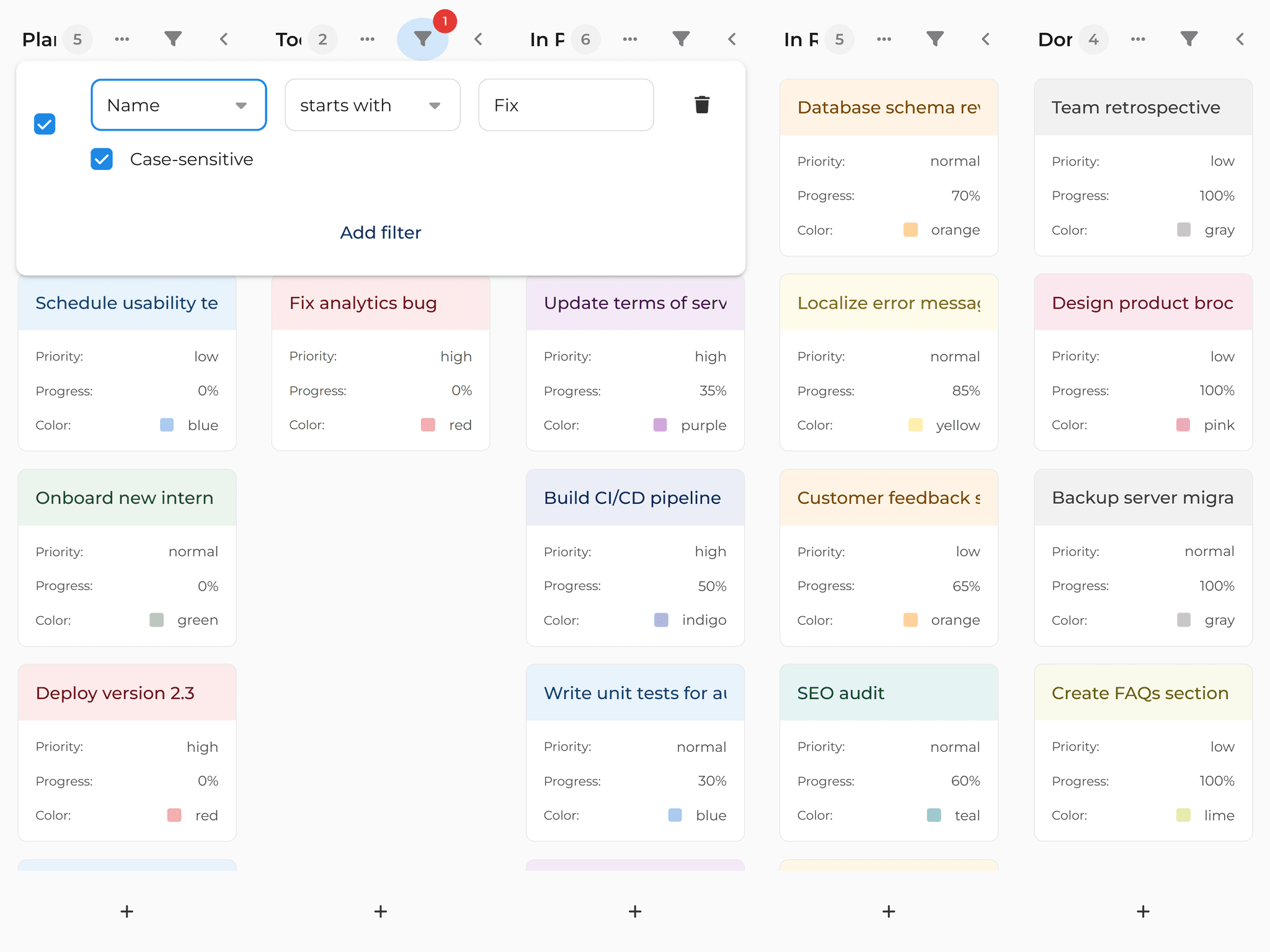 Bryntum TaskBoard - Column filtering demo
