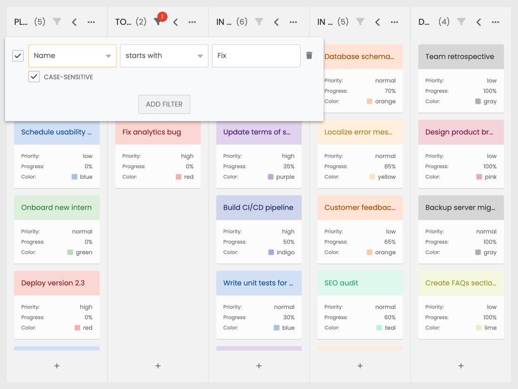 Column filtering demo - This example shows the filtering per column feature of the TaskBoard.