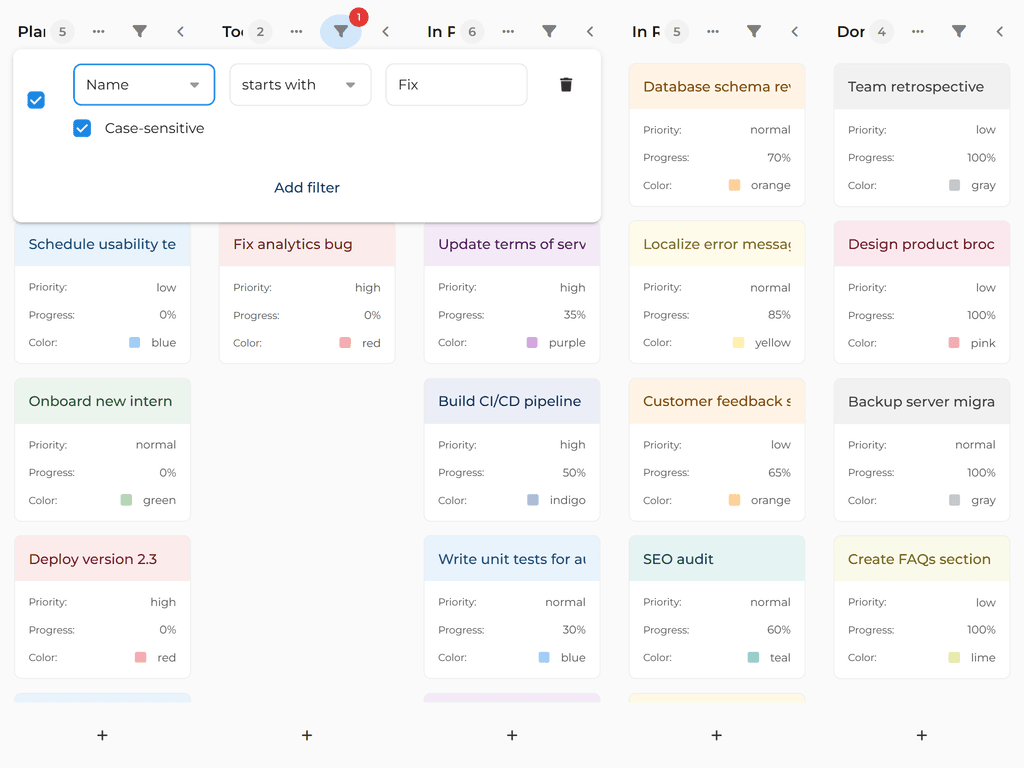 Filtering tasks per column