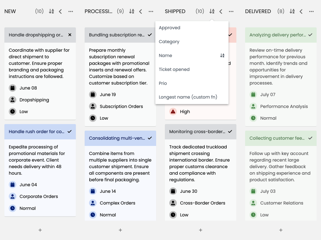 Column sorting demo - This example shows the sorting per column feature of the TaskBoard.