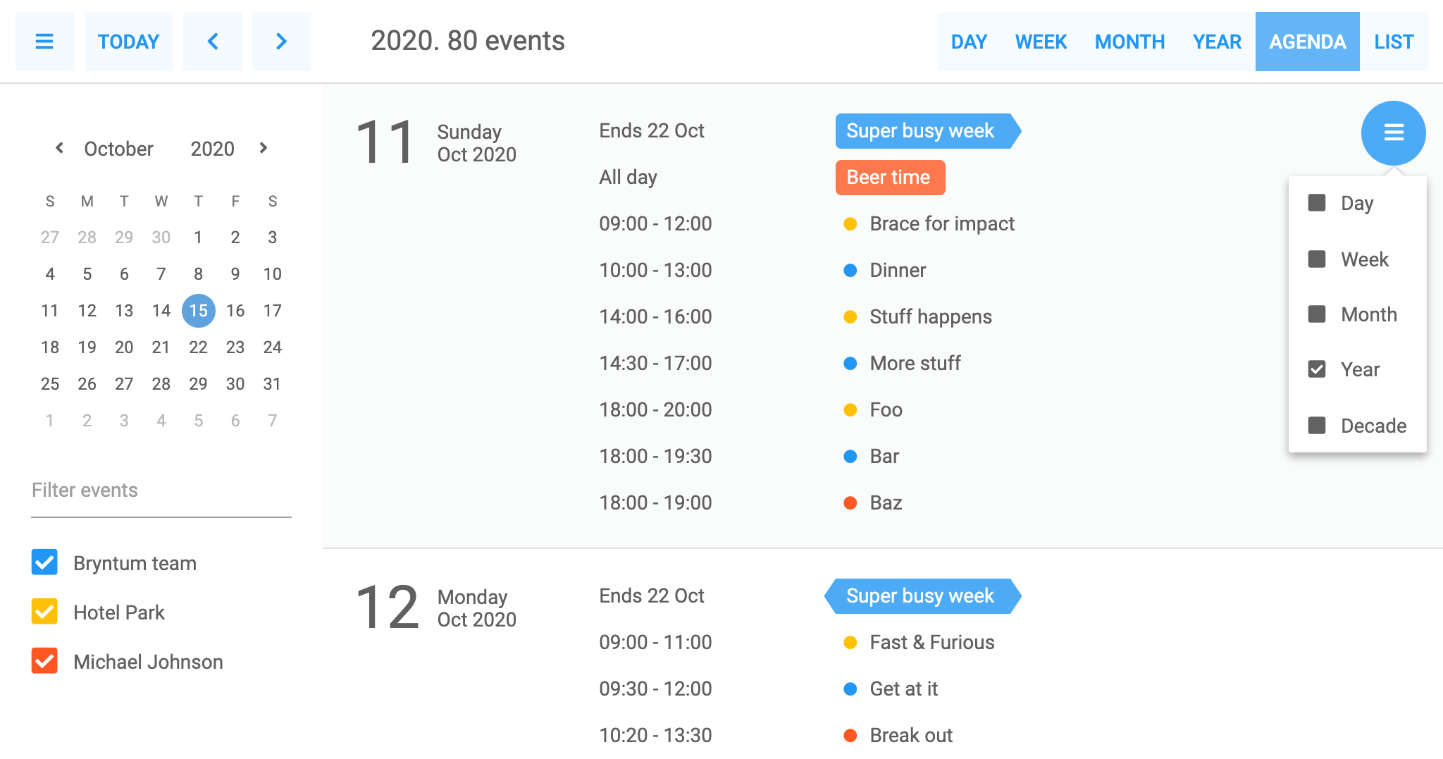 Agenda view with range picker