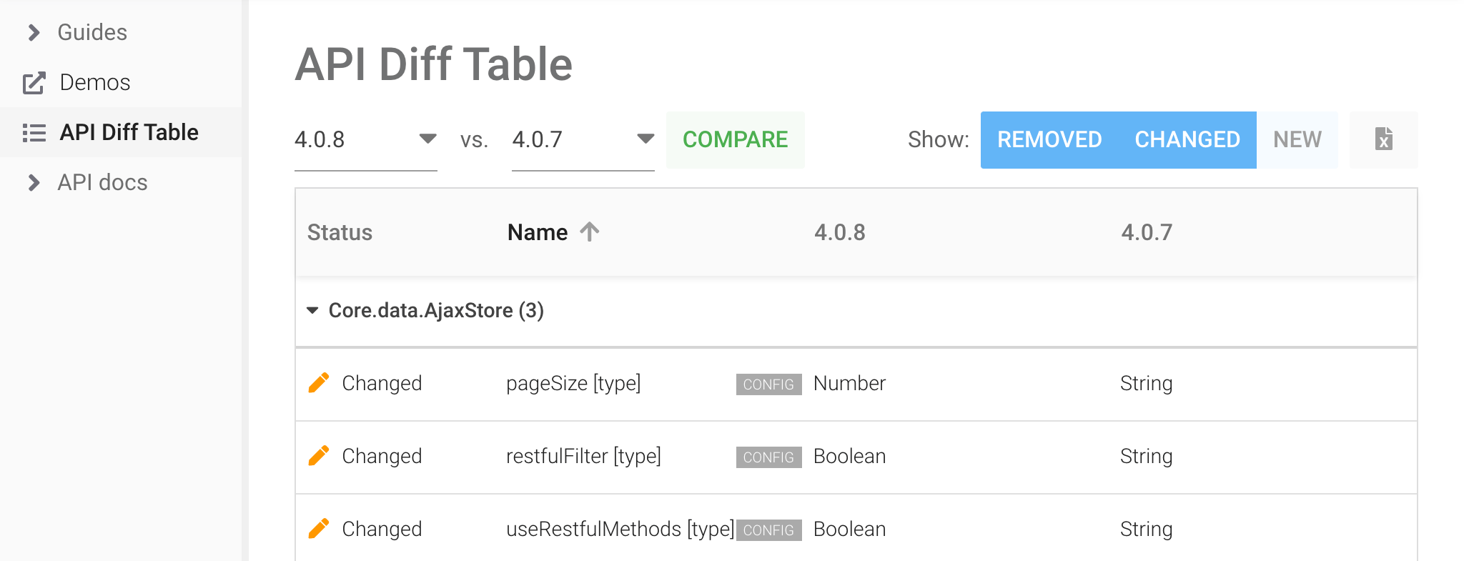 API diff viewer in docs