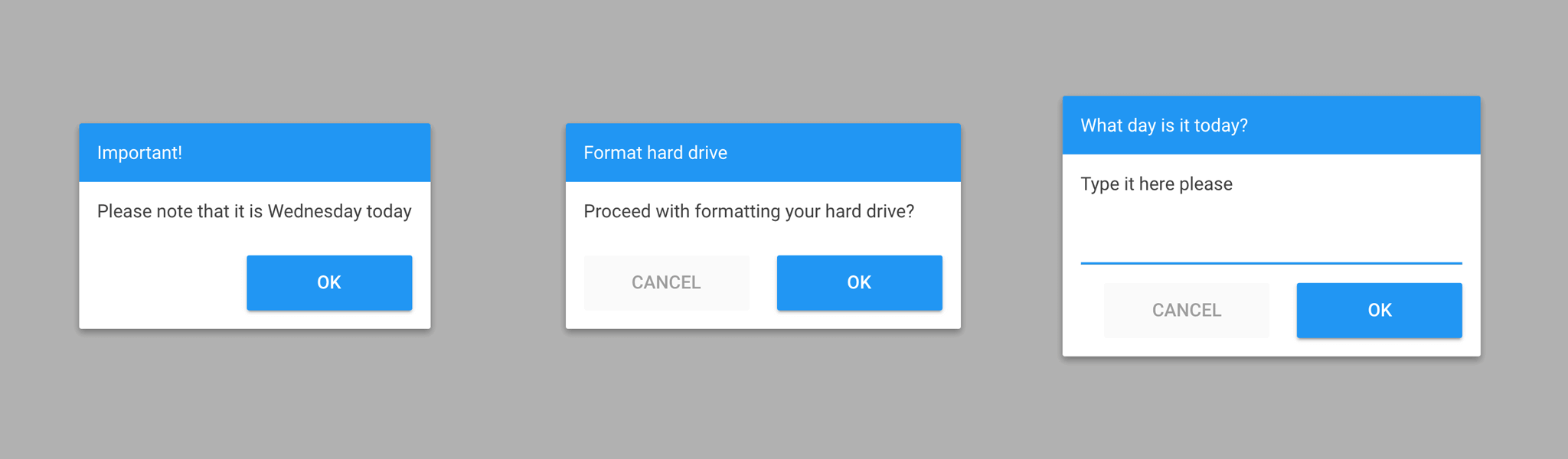 MessageDialogs different options; alert(), prompt() and confirum()