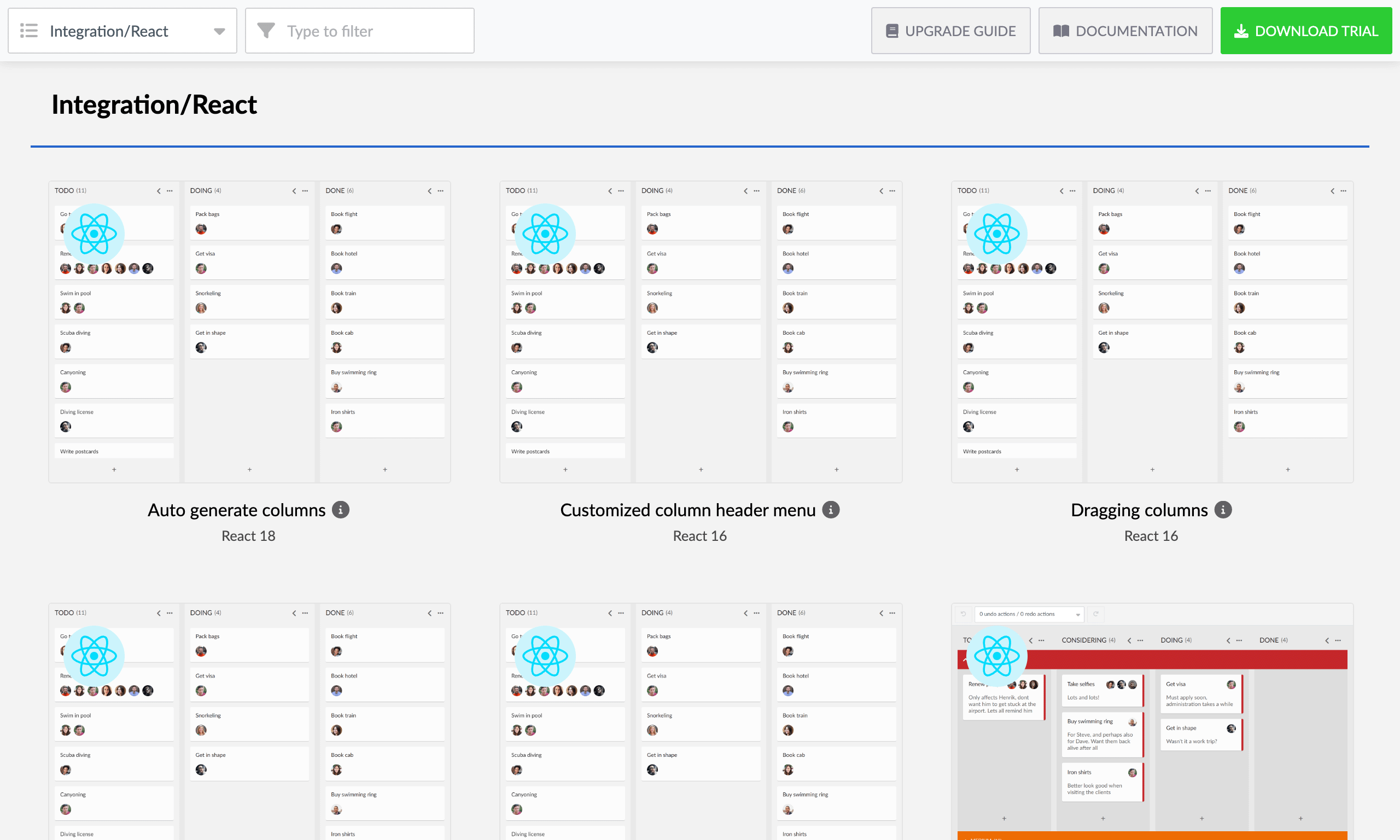 Demo browser showing React demos for TaskBoard