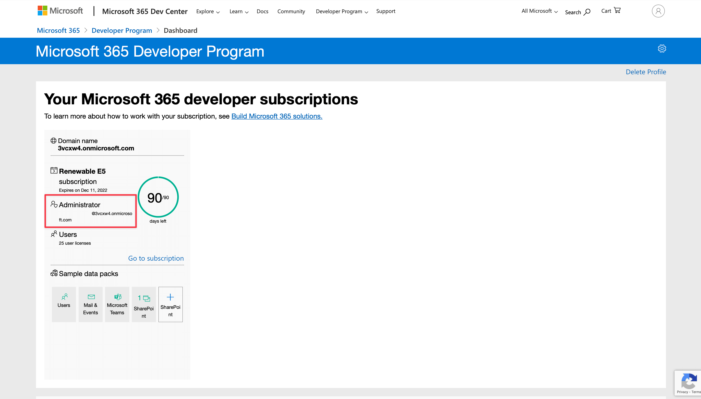 Microsoft 365 Developer dashboard page