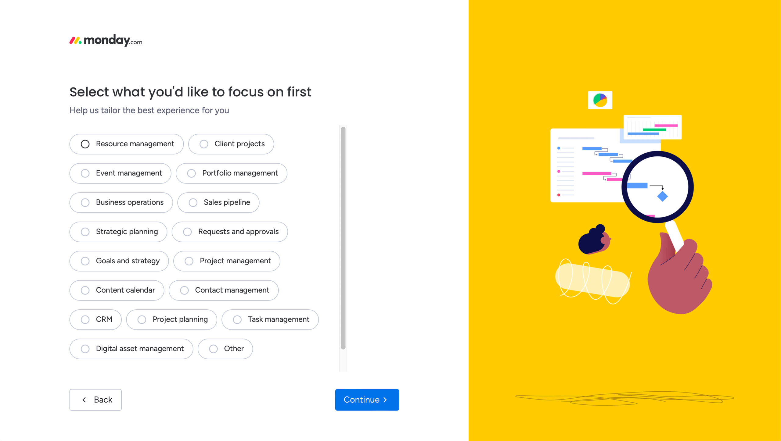 Monday.com new account setup - what you'd like to focus on first.